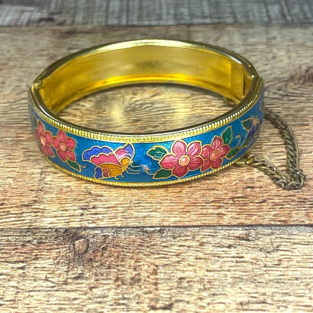 Talbots Enamel Cloisonne’ Gold Flower Bangle Cuff Bracelet Fashion Jewelry